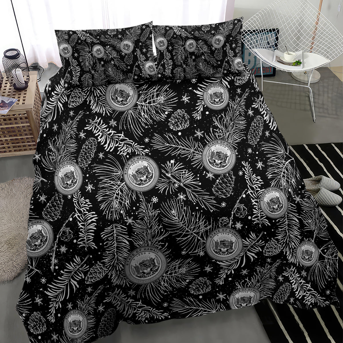 Black bedding set with white pine/leaf design and round crest medallions