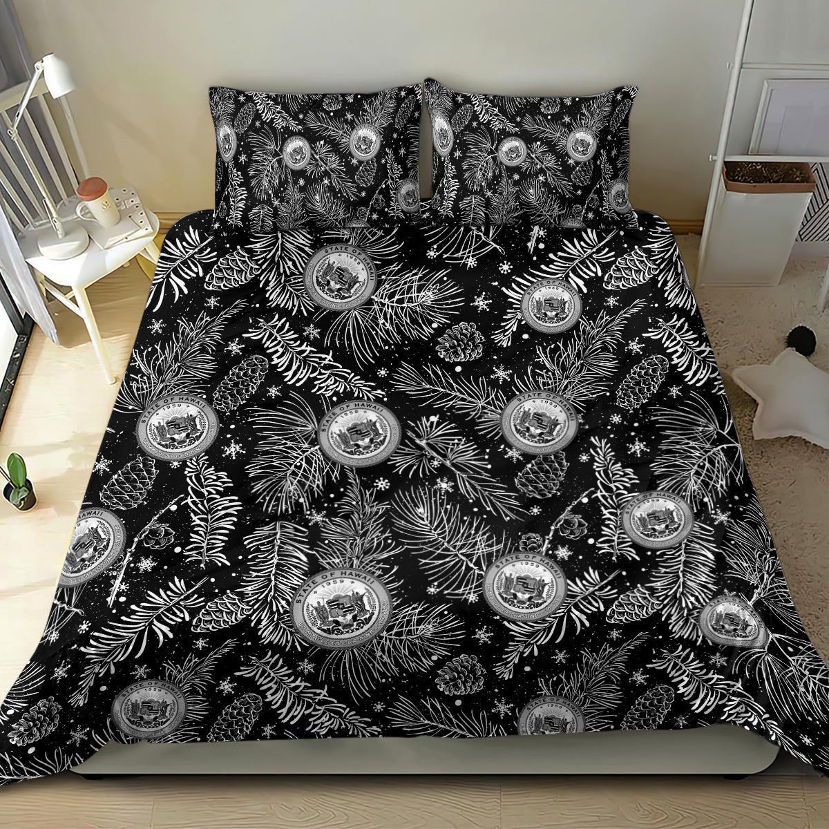 Black bedding set spread out with white pine/leaf motif and round crest emblems