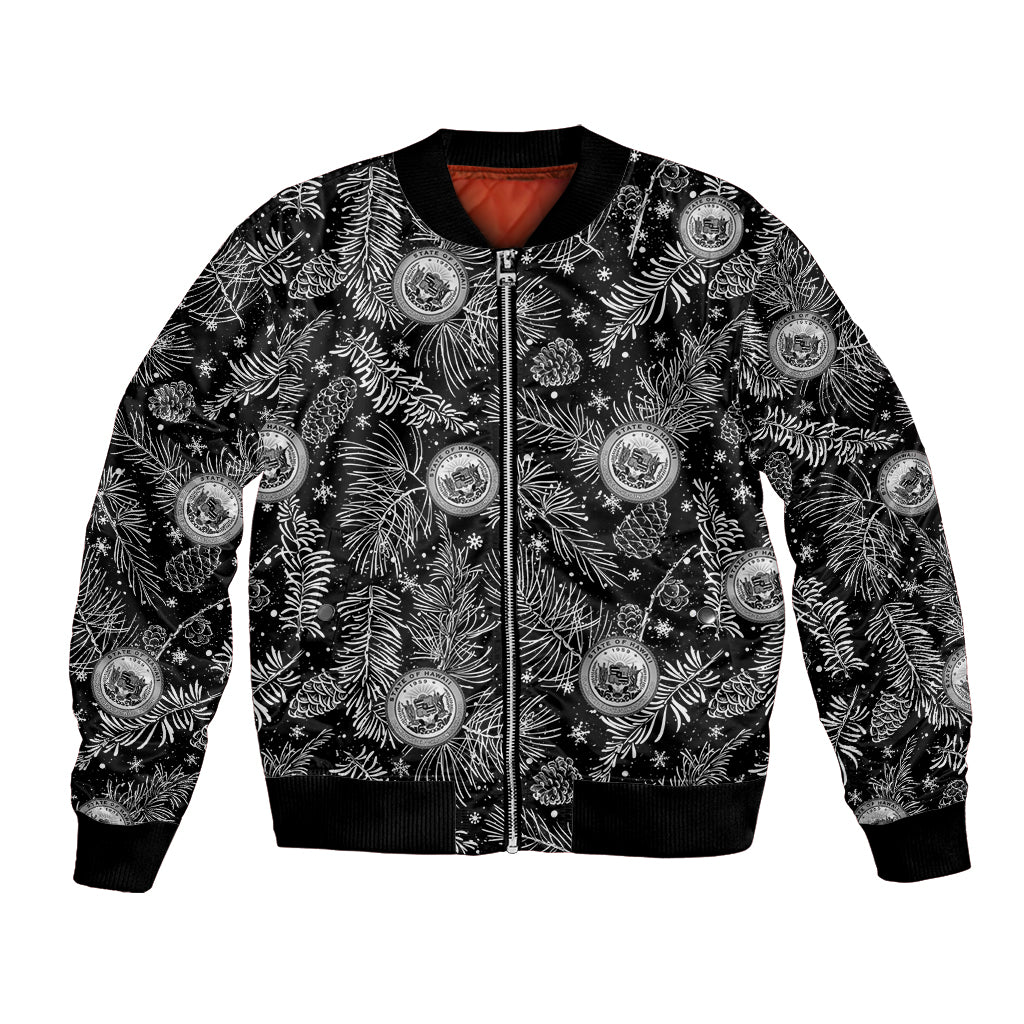 Black bomber jacket with full-zip front and tropical Christmas crest buttons, ribbed cuffs