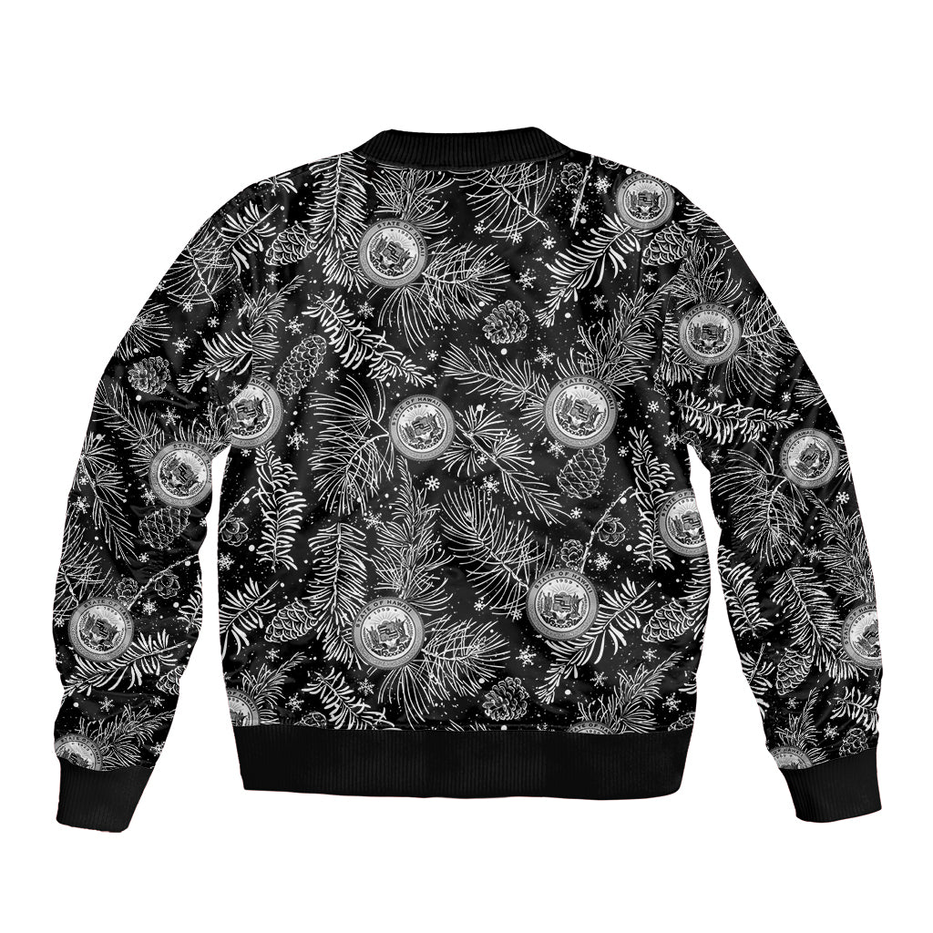 Black bomber jacket back with tropical Christmas crest print and ribbed hem and cuffs
