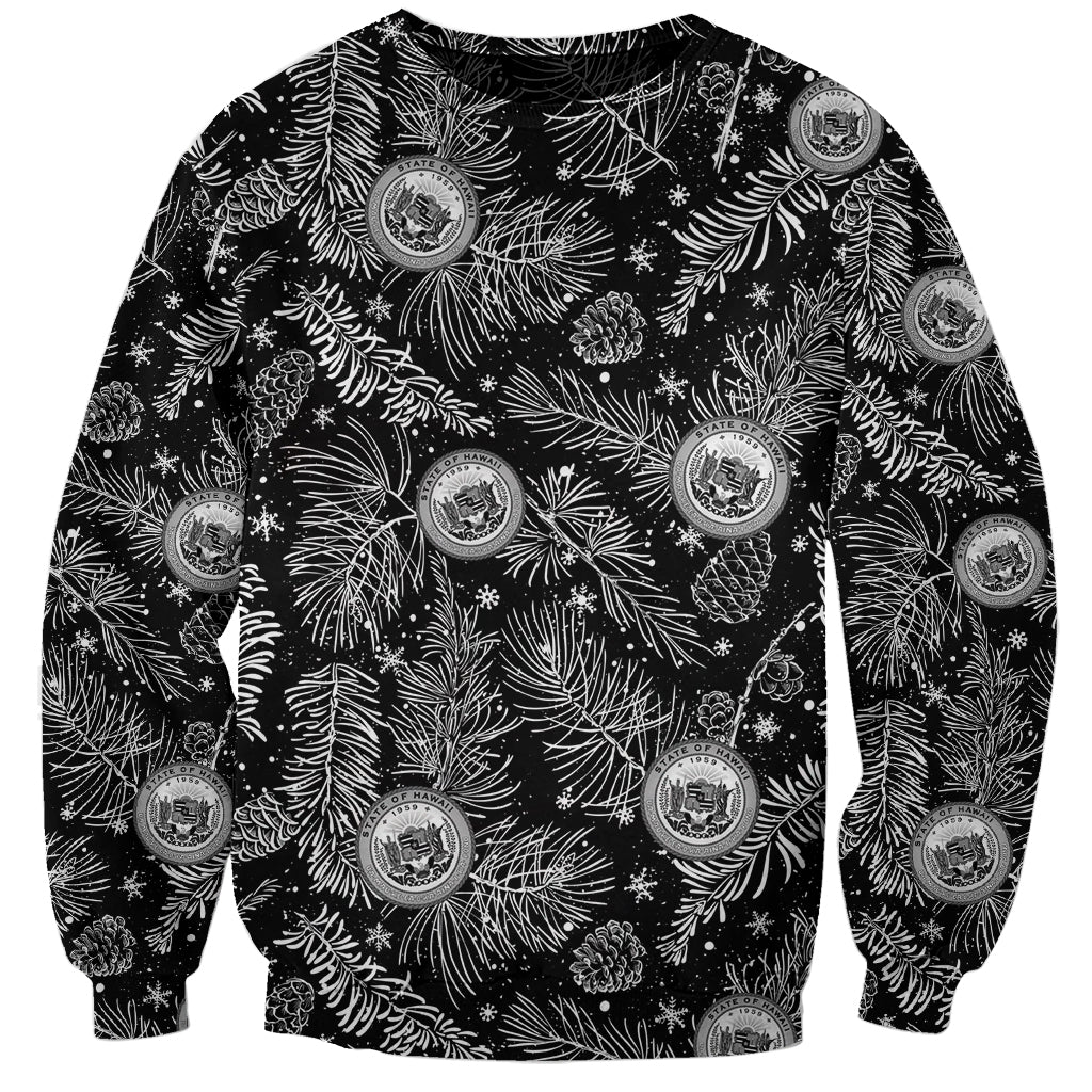 Black crewneck sweatshirt with white tropical holiday pattern and round crest emblems