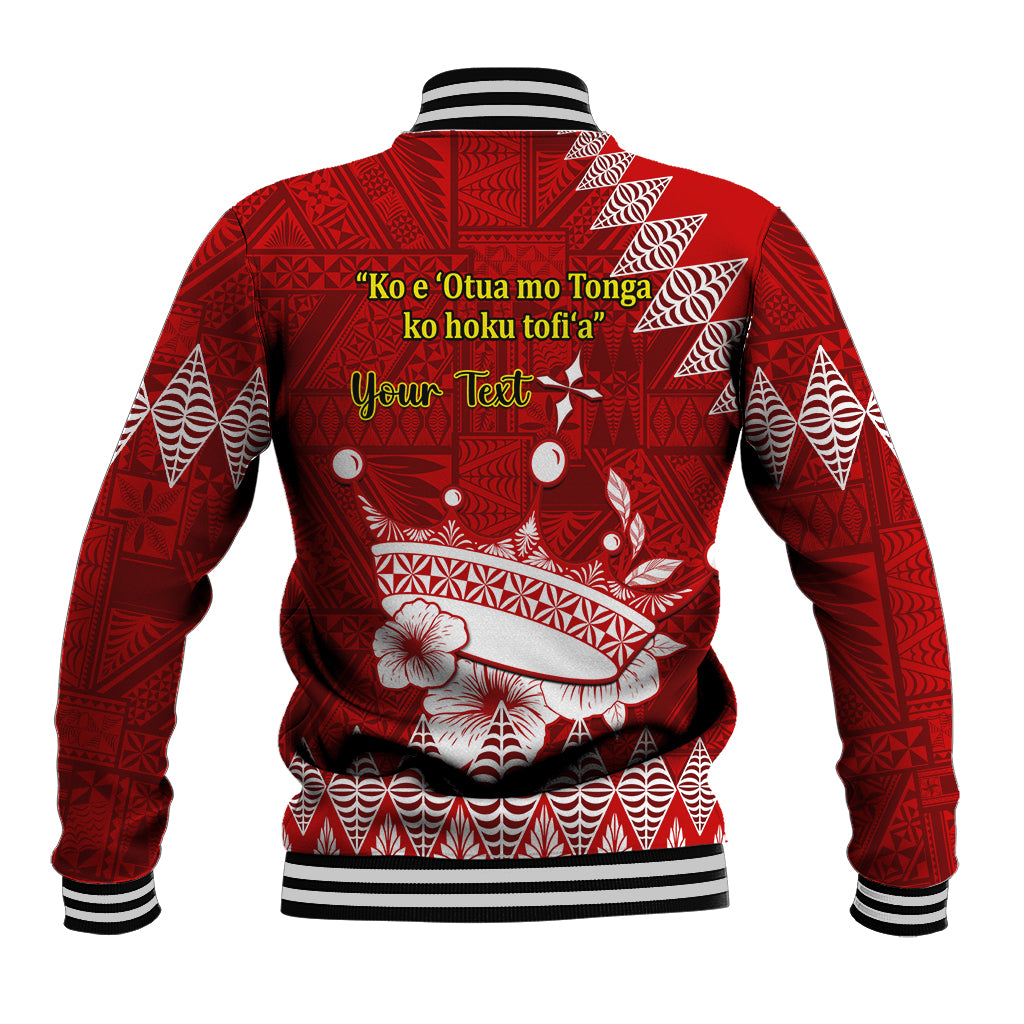 Red baseball jacket with tribal back print, ribbed cuffs, snap buttons, Tongan text