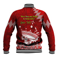 Red baseball jacket with tribal back print, ribbed cuffs, snap buttons, Tongan text