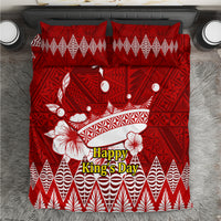 Red bedding set with crown Tonga Ngatu pattern; 'Happy King's Day' on comforter and pillows