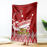 Red Happy King’s Day blanket with white crown, shell, and geometric Tongan-style pattern