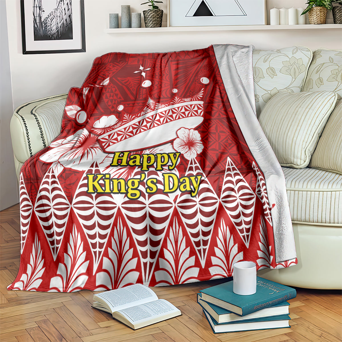 Red Happy King’s Day blanket with white crown design and wave-and-triangle geometric pattern