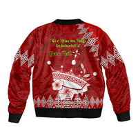Red bomber jacket with white Tongan ngatu pattern and printed lyrics on back