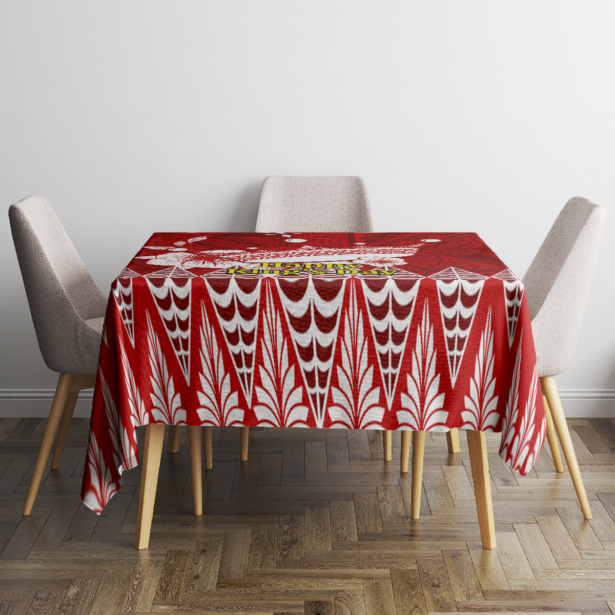 Red tablecloth with white teardrop and leaf pattern, neatly covering dining table