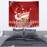 Red wall tapestry with white crown figure and geometric ngatu-style motifs