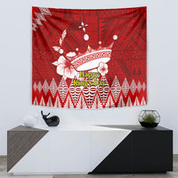 Red tapestry wall hanging with white crown motif and zigzag geometric border
