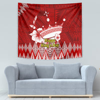 Red rectangular tapestry with white crown pattern and “Happy King's Day”