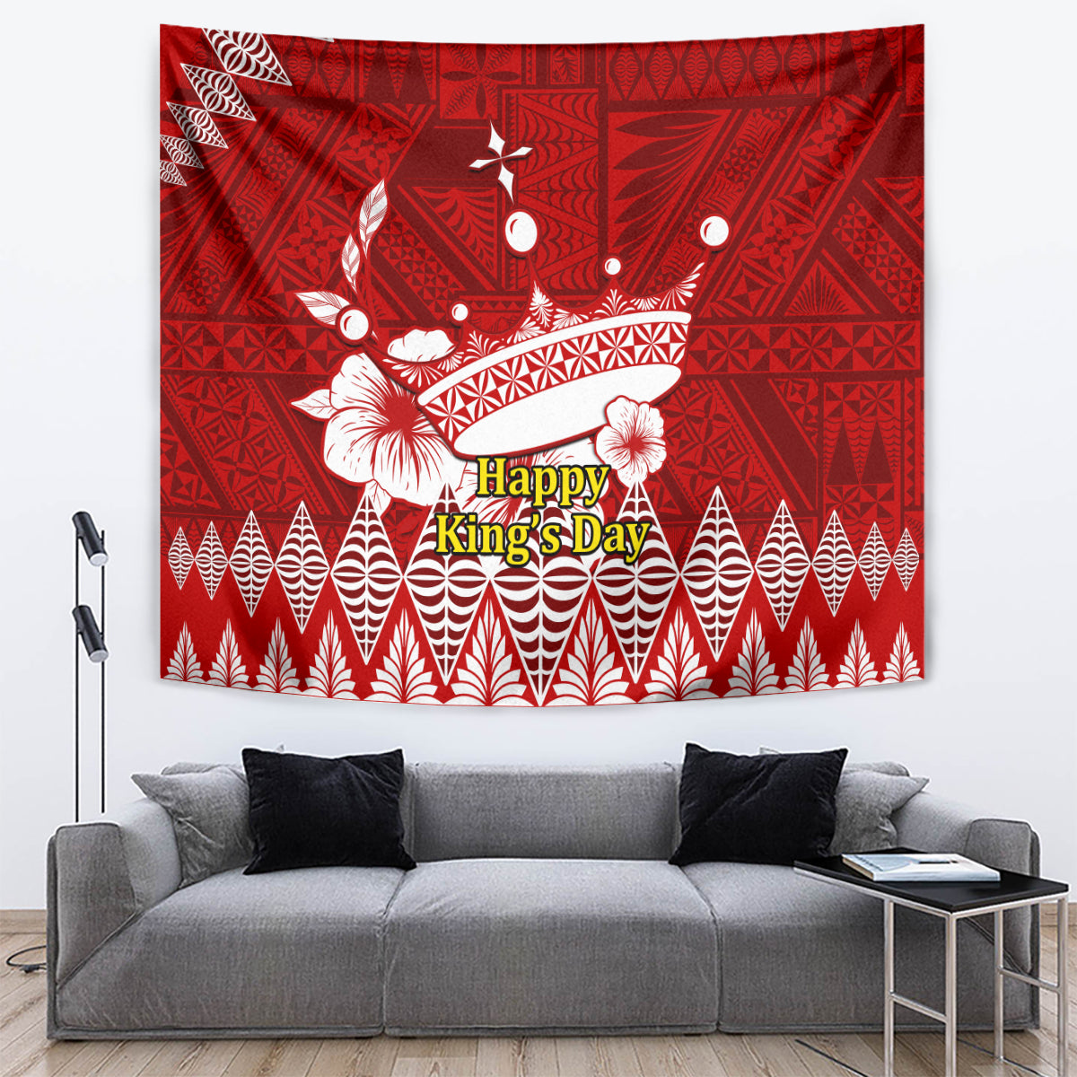 Red tapestry wall hanging featuring a white crown and “Happy King's Day” lettering