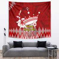 Red tapestry wall hanging featuring a white crown and “Happy King's Day” lettering