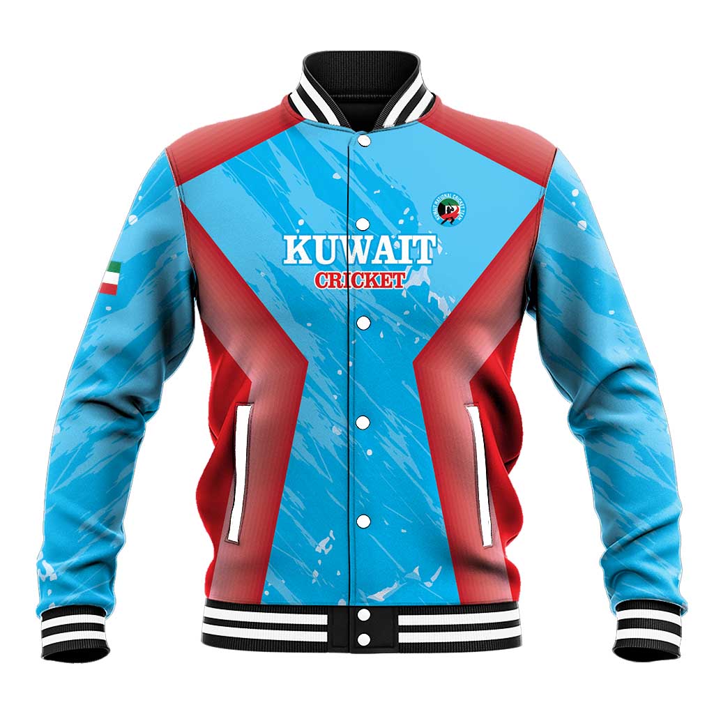 Blue and red cricket baseball jacket with snap front, striped ribbed collar and cuffs