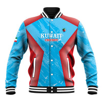 Blue and red cricket baseball jacket with snap front, striped ribbed collar and cuffs