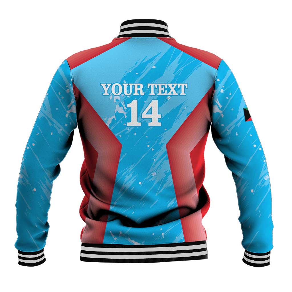 Blue cricket baseball jacket back view with YOURTEXT 14 graphic, striped ribbed hem