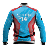 Blue cricket baseball jacket back view with YOURTEXT 14 graphic, striped ribbed hem