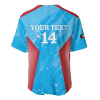 Blue cricket jersey back with red diagonal panel, number 14, Your Text lettering
