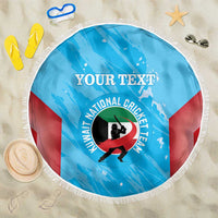 Blue circular cricket beach blanket with white fringe, YOUR TEXT, Kuwait cricket emblem