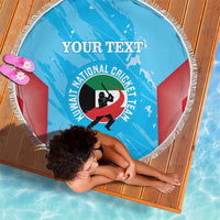 Blue circular cricket beach blanket with white fringe and Kuwait cricket emblem, YOUR TEXT