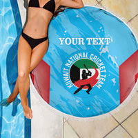 Blue circular cricket beach blanket corner with white fringe, YOUR TEXT, Kuwait cricket emblem