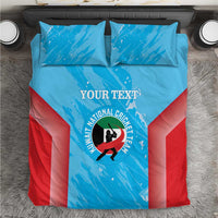 Blue and red cricket-themed bedding set with duvet cover and two pillowcases, top view