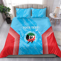 Blue and red cricket-themed bedding set with duvet cover and two pillowcases on a bed