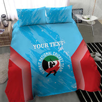 Blue and red cricket-themed duvet cover set with two matching pillowcases, angled view