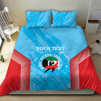 Blue and red cricket-themed bedding set with duvet cover and two pillowcases, front view