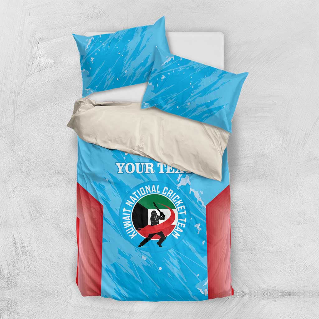 Cricket-themed bedding set: blue and red duvet cover with two pillowcases, flat lay