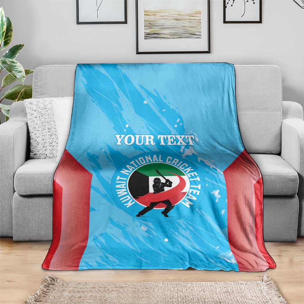 Custom Kuwait cricket blanket in blue with red side panels and bold cricket player logo