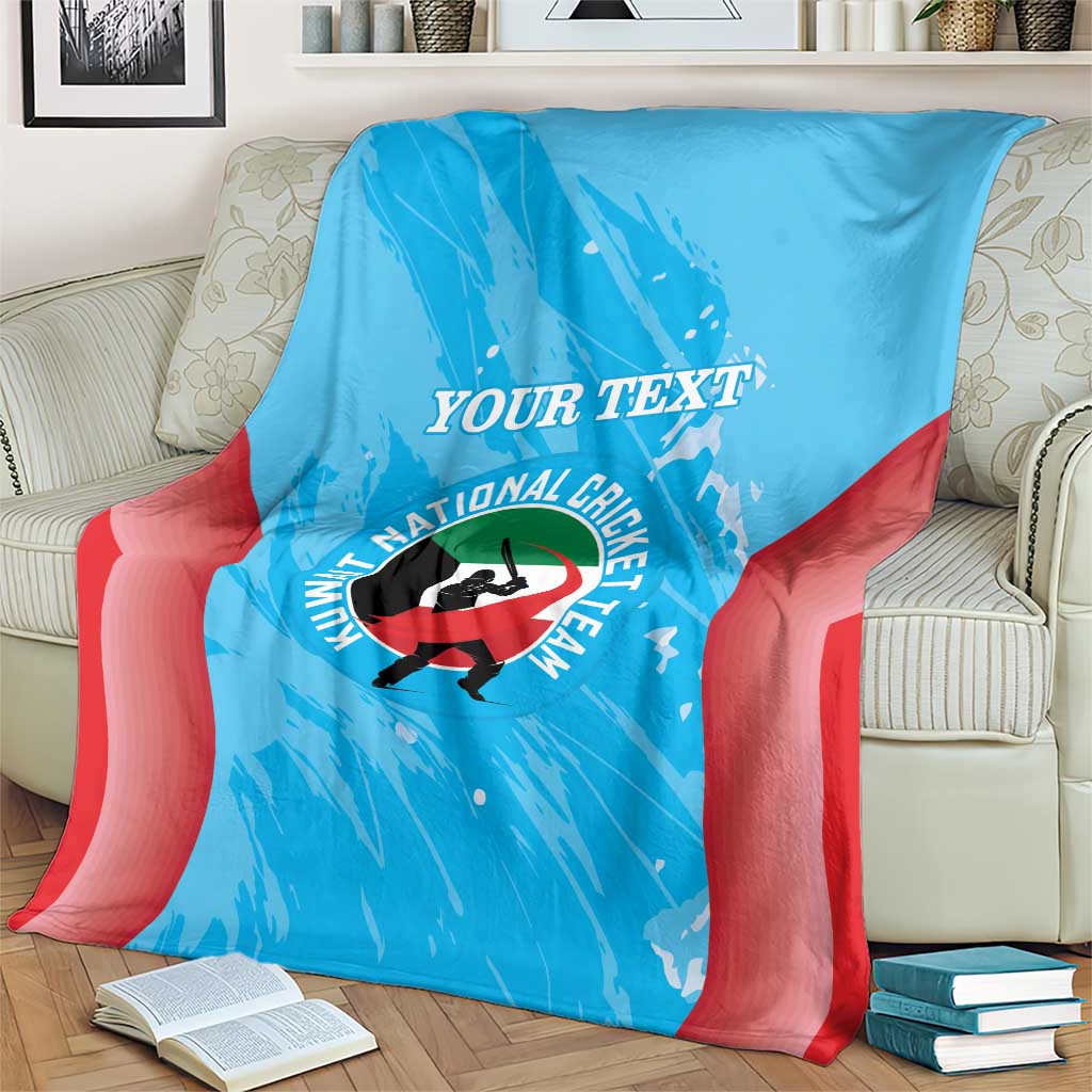 Custom Kuwait cricket blanket, blue with red accents and 'YOUR TEXT' and cricket emblem
