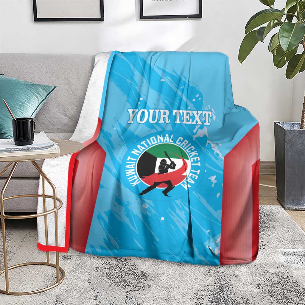 Custom Kuwait cricket blanket, blue with red borders and cricket player graphic