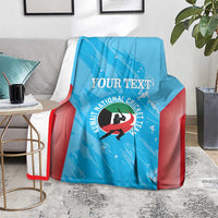 Custom Kuwait cricket blanket, blue with red borders and cricket player graphic