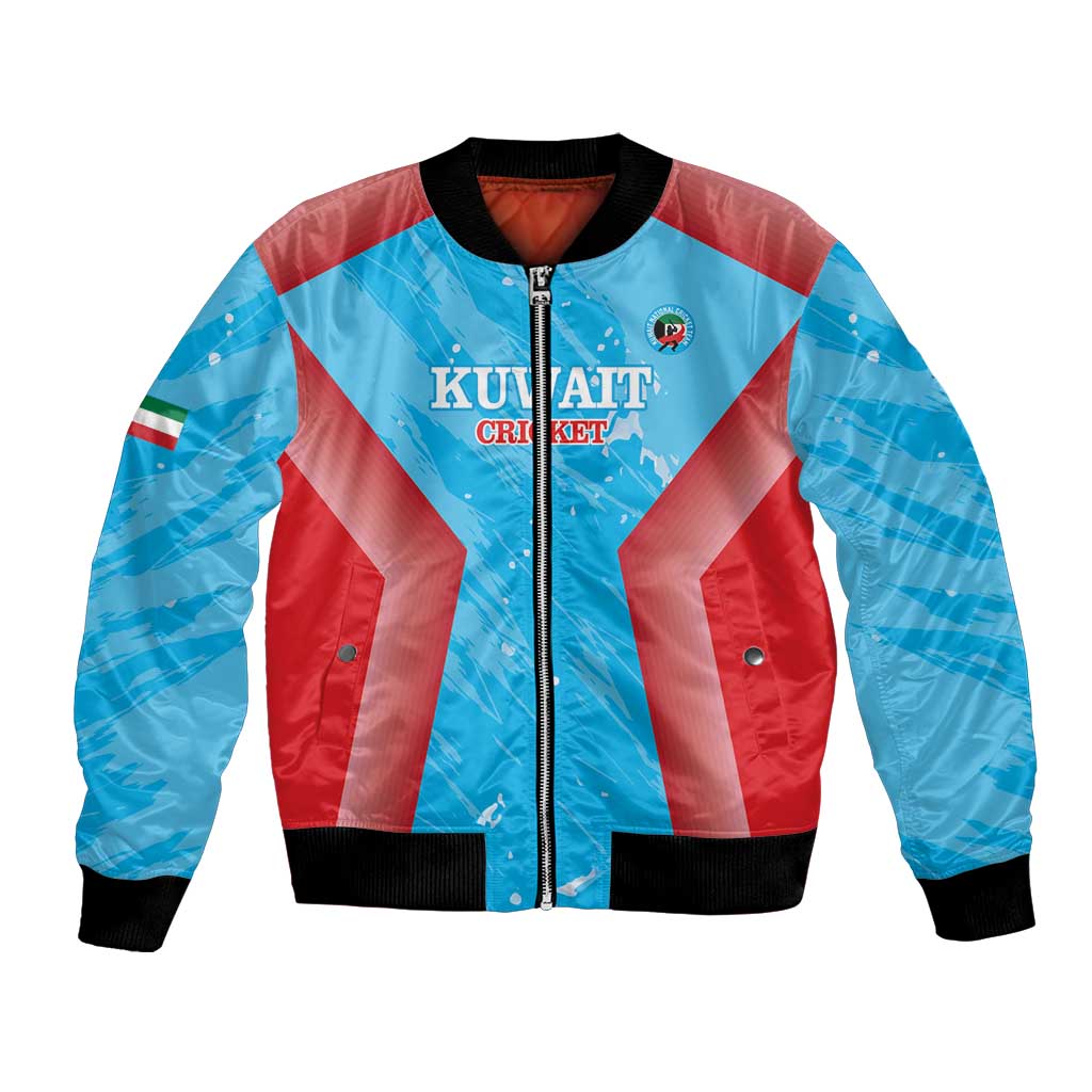Unisex cricket bomber jacket with blue/red chevron front, full-zip, black rib trim