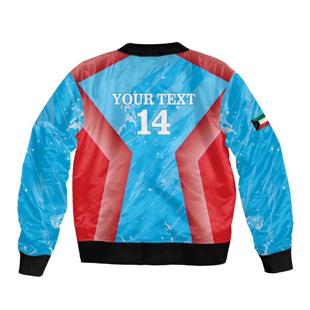 Unisex cricket bomber jacket, back graphic 'YOUR TEXT 14', blue/red chevrons, ribbed trim