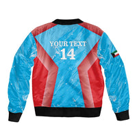 Unisex cricket bomber jacket, back graphic 'YOUR TEXT 14', blue/red chevrons, ribbed trim