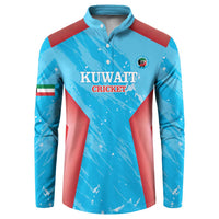 Blue long-sleeve button-front cricket sweatshirt with Kuwait Cricket chest logo and red panels