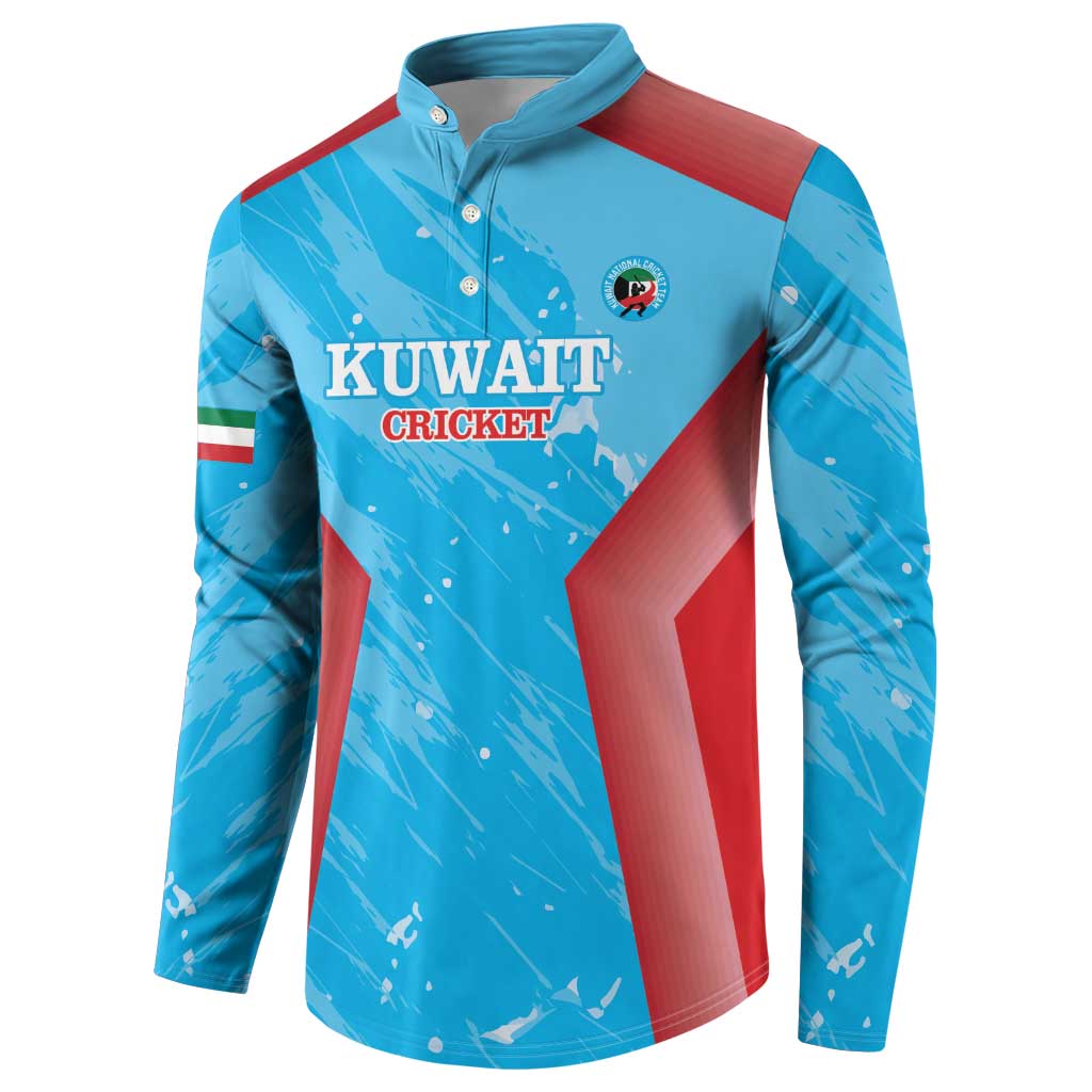 Blue cricket jersey sweatshirt with Kuwait Cricket logo, red diagonal accents, flag sleeve
