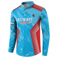 Blue cricket jersey sweatshirt with Kuwait Cricket logo, red diagonal accents, flag sleeve