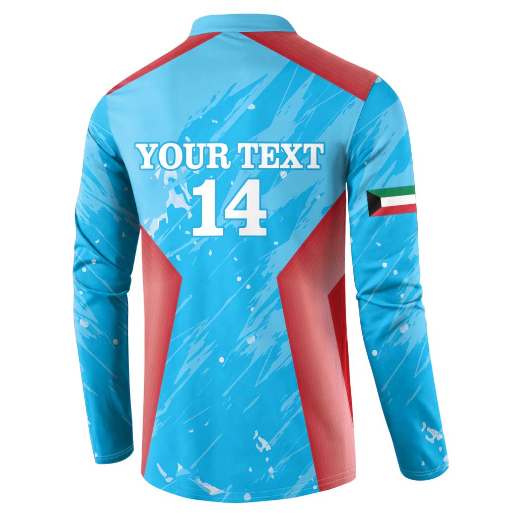 Blue back of cricket sweatshirt with YOUR TEXT 14 and red chevron stripe graphic