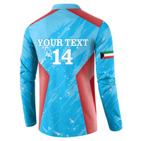 Blue back of cricket sweatshirt with YOUR TEXT 14 and red chevron stripe graphic