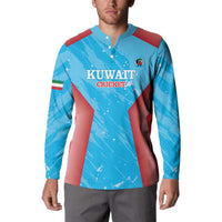 Blue long-sleeve button-front cricket sweatshirt on model with Kuwait Cricket logo and red panels