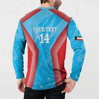 Blue back view of cricket sweatshirt with YOUR TEXT 14 and red chevron stripes, flag