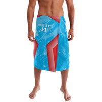Blue printed knee-length swim shorts with red graphic panel and elastic waistband