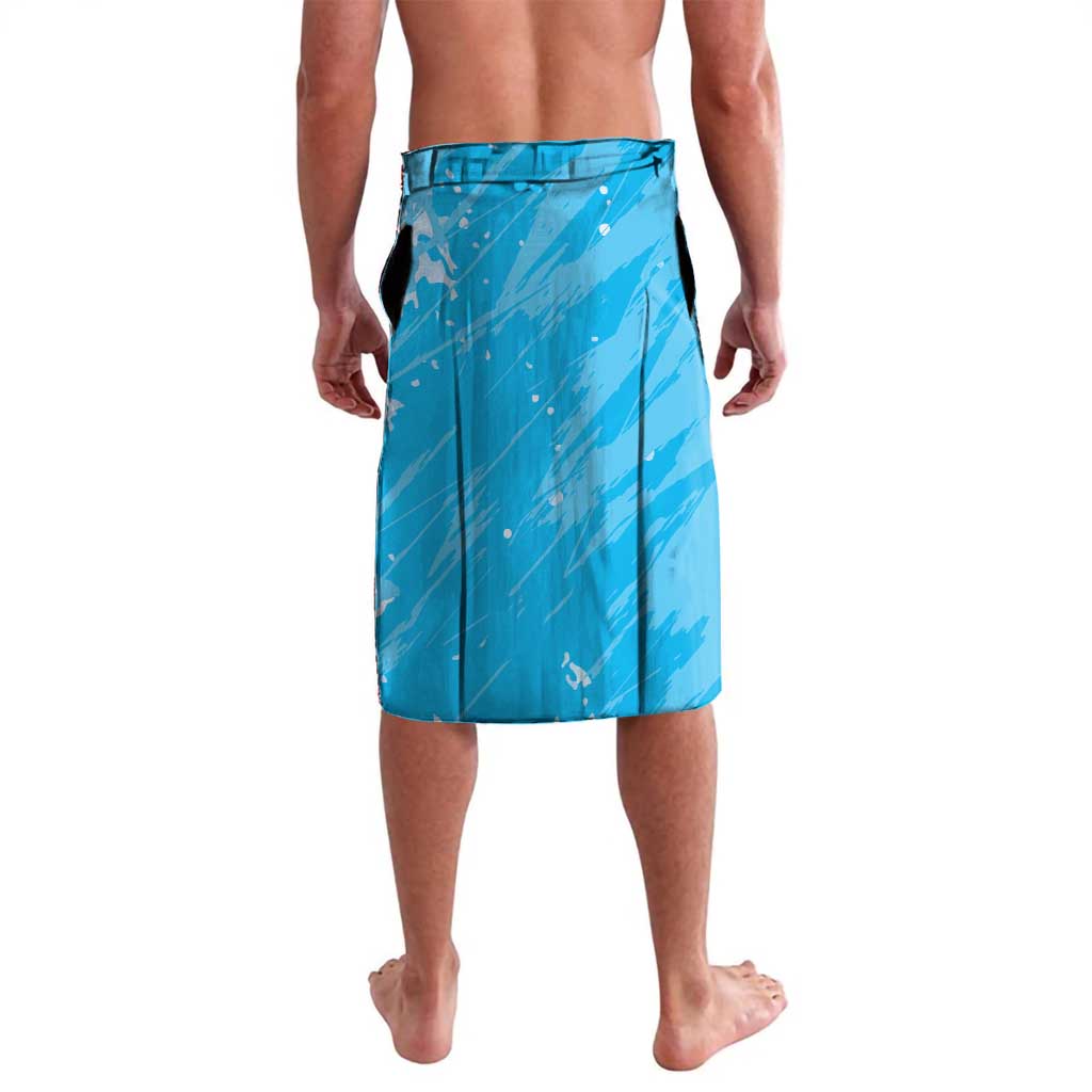 Blue printed knee-length swim shorts with elastic waistband, full back view