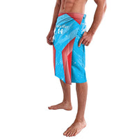 Blue printed knee-length swim shorts with 'YOUR TEXT 14' and red abstract panel