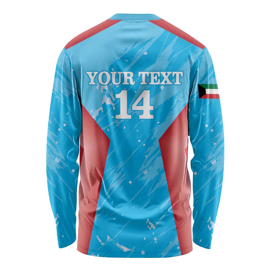 Blue cricket long sleeve shirt, back print with number 14 and red diagonal panels