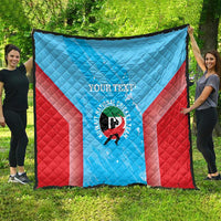 Cricket quilt displayed outdoors: light blue and red with centered custom text and logo