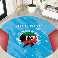 Blue round cricket team carpet with circular logo, red side sections, and custom text